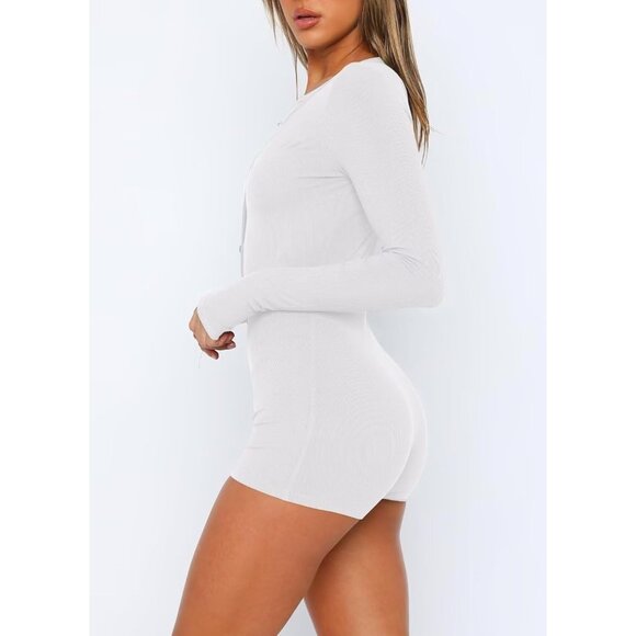 Women's White One Piece Button Down Jumpsuit V Neck Romper Long Sleeve Bodysuit - Picture 3 of 5